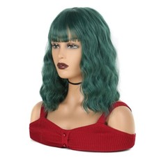 12" Long Green Short Bob Hair Wigs Cute Capless Wig Natural Look Party Cosplay