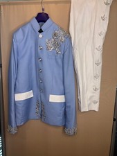 custom made prom suits with hand stitched beading  ice gray and light blue