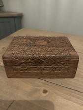 Vintage Ornate Hand Carved Indian Hard Wood Trinket Jewellery Floral  Box 1950s