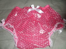 ABDL PINK WHITE POLKA DOTTED PLASTIC NAPPY PANTS WHITE LACE TRIM SATIN BOWS M/L