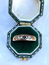 Vintage 9ct Gold Sapphire And White Gemstone Gypsy Ring - Size P
