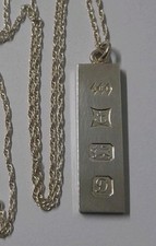 925 Solid Sterling Silver Ingot Pendant Necklace - Feature Hallmark 1978