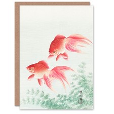 Ohara Koson Japanese Art Card Two Veiltail Goldfish in Pond
