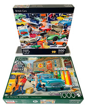 CORNER PIECE JIGSAW BRITISH VINTAGE CARS & FALCON PETROL STATION TWO PUZZLES