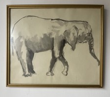 Original Mid Century Modernist Figurative Watercolour Painting Of An Elephant