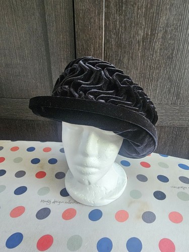 Black velvet toque hat - velvet, rosette