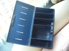 VINTAGE METAL COIN CASH TIN BOX WITH COMPARTMENT INSERTS BLUE COLOR