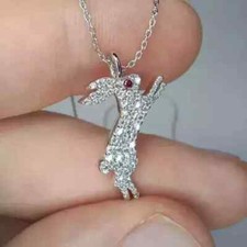 1Ct Round Cut Lab Created Jumping Rabbit Pendant 14k White Gold Plated Silver