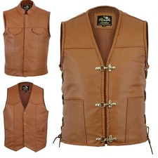 Tan Brown Leather Waistcoat Bikers Club Motorcycle Vest Fish Hook sons of anarch