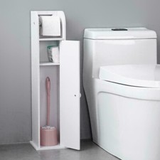 White Wood Free Standing Toilet Paper Roll Holder Bathroom Storage Cabinet R