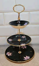 Vintage Palissy Orchid 3 Tier CAKE / SWEET Stand Black, Pink Orchid gold detail