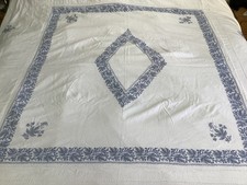 White Cotton Blue & Lilac Embroidered Pieced 8ft Square Bedspread 