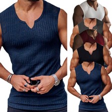 Men's Sleeveless V Neck Tank Top Ribbed Gym Vest Bodybuilding Muscle Shirt Tops