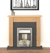 ELECTRIC FIRE OAK FIREPLACE SURROUND BLACK HEARTH BRUSHED STEEL PEBBLES BNIB