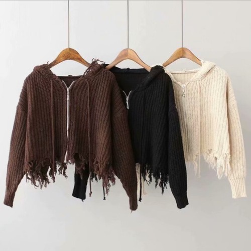 Lady hooded knitted cardigan - hooded,