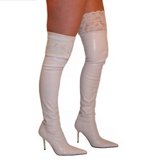 Thigh High Boots White PU 4" Over Knee Stiletto Heel Lace Top Lacy02 UK 6 EU 39