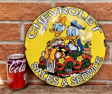 SUPERB DONALD & DAISY DUCK CHEVROLET LARGE ROUND DOMED ENAMEL SIGN - WALT DISNEY