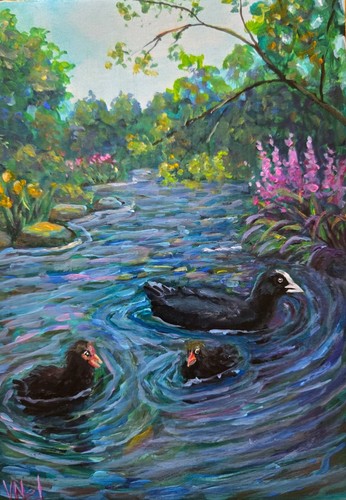 Original coot family painting - family,
