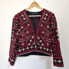 Zara Embroidered Jacket Size M Boho Hippie Embellished Folklore Boxy Red Black