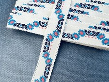 Vintage French Jacquard Floral Ribbon Cotton Blue Coral Embroidered Look 18mm