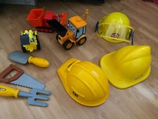 Kids Yellow Builder Helmets x 3 , Toy trucks and  Builders Tools Used