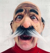 Funny Old Man Mask Latex Grey Moustache Open Mouth Costume Beard Accessory