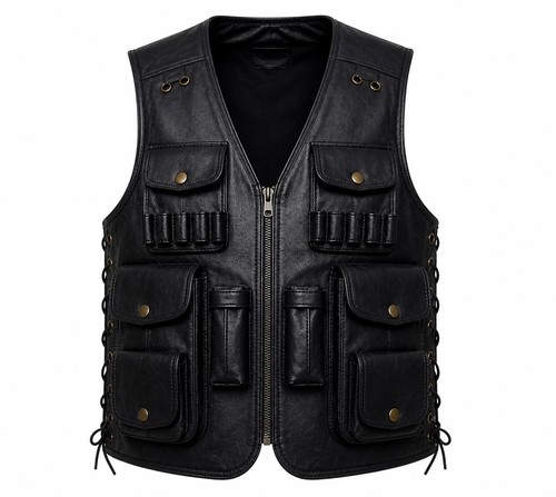 Black leather hunting vest - leather,