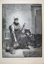Original Old Antique Print 1889 Woman Cleaning Baby Sleeping Cot 19th
