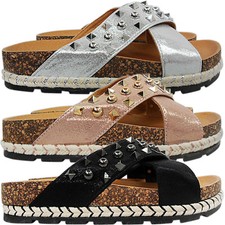 GLADIATOR WOMENS LOW WEDGE SLIP ON CORK STUDDED ESPADRILLES FLIP FLOPS SANDALS 