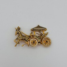 Vintage Horse Carriage Brooch Pin Gold Tone Pony Cart Made in Spain Spin Wheels