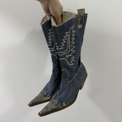 Denim embroidered cowboy boots - embroidered,