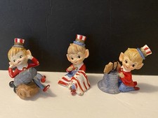Vintage Patriotic Pixies Elves Set Of 3 Flag Liberty Bell Cannon 4th Of July