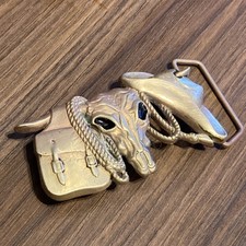 Western Cowboy Hat Saddle Bag Ropes Bull Skull Solid Brass Vintage Belt Buckle
