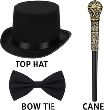 Kids Lincoln Top Hat Bow Tie Gold Cane Stick Halloween Cosplay Stage Fancy Dress