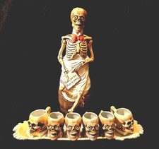 Antique Vtg Ernst Bohne Skeleton Decanter Set w/ 6 Cups Glass Eyes Skull & Bones
