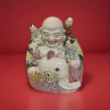 Large Chinese Famille Rose Laughing Buddha w/ 5 Children Porcelain Figurine