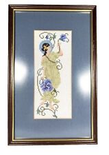 Vintage Cross Stitch Art Nouveau Lady Pansies Framed