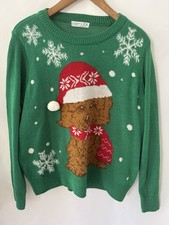 Green Christmas Jumper Teddy Dog Santa Hat Snowflakes Pom Pom Knit UK L EU 44
