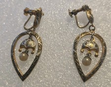 Vintage Damascene Screw Back Dangle Earrings With Pearl Centre
