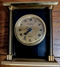 Vintage SWIZA. Mantle, Desk Alarm Clock. BLACK STONE and BRASS. QUARTZ MOVEMENT 