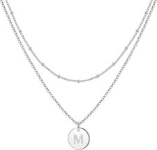 Initial M Necklace Silver 2 x Layered Necklaces Coin Engraved Nickle Lead FREE