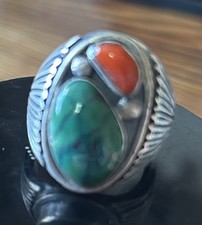 Navajo Old Coral and Turquoise Sterling Silver Ring Native American
