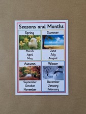 Seasons and Months of the Year, A4 Laminated poster, KS1/KS2 teaching Resource