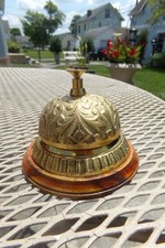 Antique-Style Brass Service Desk Bell with Ornate Floral Engraving & Wooden Base