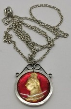 Vtg 1887 Queen Victoria Golden Jubilee Enamel 6d Coin Pendant & Silver Necklace
