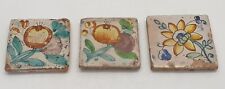 18th Century Set of 3 Hand Painted Floral Spanish Tiles 4" x 4" AE1