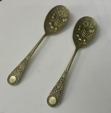 ANTIQUE VENETIAN PAIR 20cm NICKEL SILVER PLATE FRUIT BERRY SERVING SPOONS