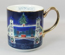 ANTHROPOLOGIE Festive Holiday Mug w/ Gold Handle 4" Warm Wishes From London 2023