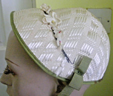 Vintage child's bonnet in Regency Style creamy white with green ribbon trim S