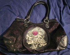 Banned Black Flocked Cameo Skull Rose Shoulder Bag Handbag Black Tattoo Goth New
